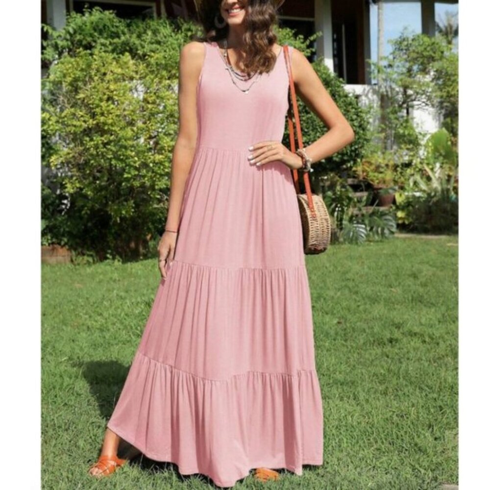 Ruffle Hem Smock Maxi Dress Pink